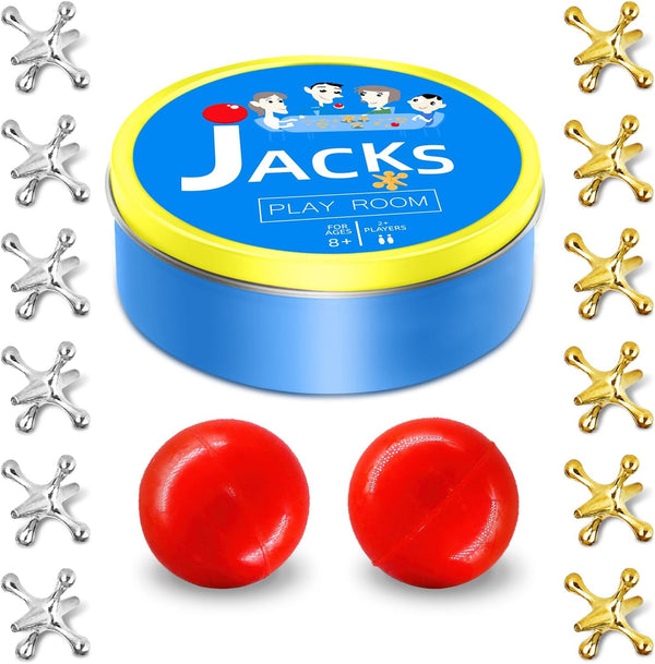 Metal Jacks Game with Ball Set, Classic Jax Game Toy for Kids and Adults, Old School Jackstones Games Set