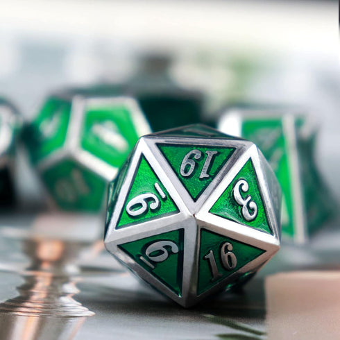 Haxtec 7 Die Metal DND Dice Set, Green Elven Goblin D&D Dice Compatible with Dungeons and Dragons RPG