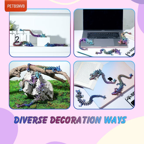 Three Color 12" 3D Printed Dragon, Articulated Crystal Dragon Fidget Toy, Home Office Decor Executive Desk Toy