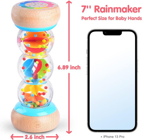 Rainmaker - 7 inch Wooden Rain Stick Montessori Toys for Babies 6-12 Months,Baby Rattle Shaker Sensory Developmental Toy,Raindrops Musical Instrument baby musical toys for 1 year old toddler kids
