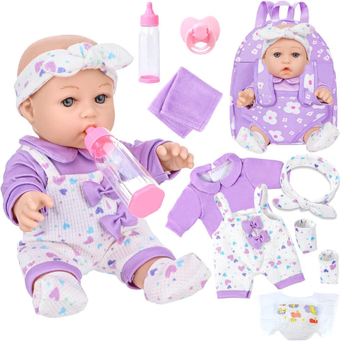 UZIDBTO 12" Baby Doll with Flower Pattern Backpack Carrier,12 Inch Realistic Baby