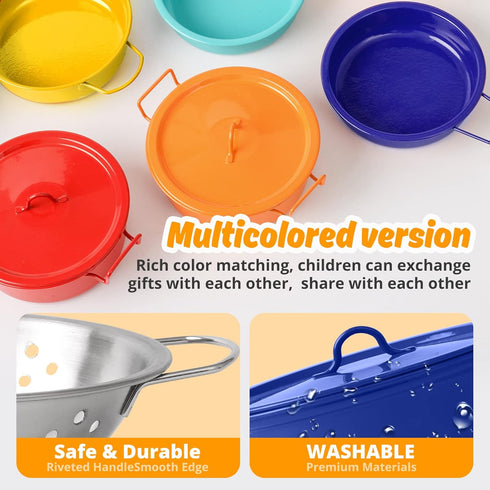 Kids Play Kitchen Toy Accessories Set, Toddler Cooking Playset with Colorful Stainless Steel Pots and Pans, Birthday