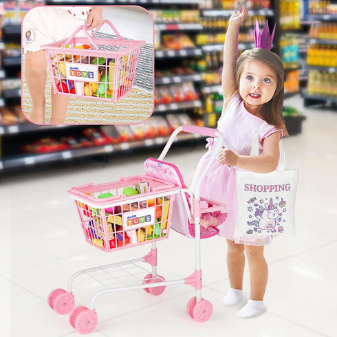 Set,Pretend 2 1 deAO Kids Shopping Cart Play Food and Shop Accessories, in Kids Grocery Trolley with Front Doll Seat