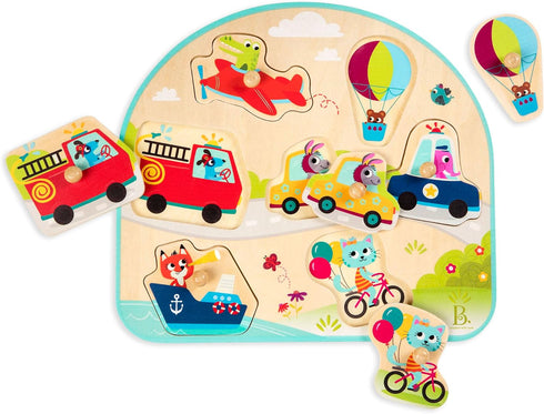 B. toys Vehicles On The Go! Wooden Peg Puzzle, Educational Puzzle for Toddlers, 7 Chunky Pieces