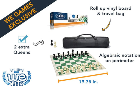 WE Games Complete Tournament Chess Set with Plastic Pieces, Green Roll-up Board & Travel Bag