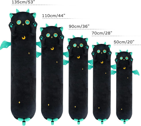 Long Cat Kawaii Body Pillow, 20” Cute Black Cat Plush Toy, Big Eyes Kitten Throw Pillow Gift