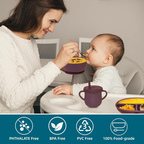 100% Set, Silicone Baby Feeding BPA Free Dishes With Suction Bowl, Divided Plate, Toddler Self Feeding Utensils
