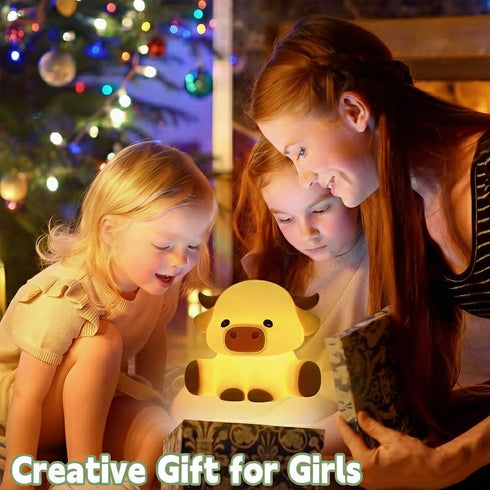 Lustrinex 3-Level Dimmable Cattle Night Light for Kids, Squishy Silicone Touch Control Cute Nightlight with Timer