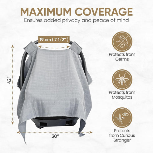 MOZAH Baby Car Seat Cover in Belgian Grey, 100% Organic Muslin, Soft and Breathable Infant Car Seat Essentials