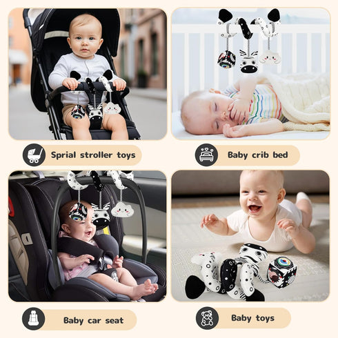 Hanging Rattle Toys for Crib Mobile - Car Seat Toys for Babies 0-6 Months, Black and White High Contrast Baby Toys