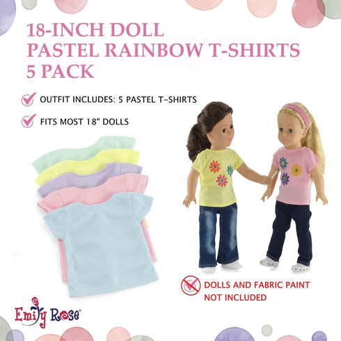 18-Inch 5-Pack Emily Rose Doll Clothes Pastel T-Shirts - DIY Craft Kit with Pink, Blue, Green, Yellow & Purple Tees