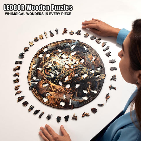 LEOGOR Wooden Puzzle for Adults - Whimsical Owl Haven - 350 Piece Large Nature Inspired Round Mandala
