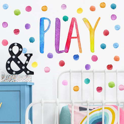 Yovkky Kids Playroom Polka Dots Wall Decals Stickers, Watercolor Play Sign Peel and Stick Neutral Nursery Preschool