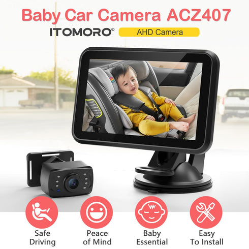 4.3'' 1080P 5 ACZ407 Itomoro Baby Car Camera, Night Vision Car Baby Mirror with Camera Mins Easy Installation Crystal