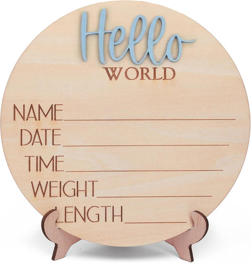 TTMerriwood Hello World Wooden Baby Birth Announcement Sign, Newborn Name Date Time Weight Length Board, Neutral