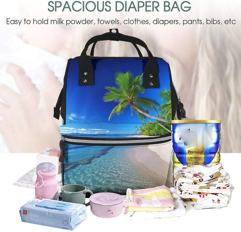 HCBPWVQA Backpack Daypacks Backpack Mommy Blue Sea Coconut Tree Diaper Bag with Changing Pad and Pacifier Holder