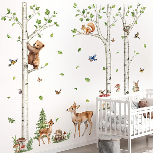 decalmile Large White Birch Tree Wall Decals Woodland Animals Bear Deer Rabbit Wall Stickers Living Room Baby Nursery