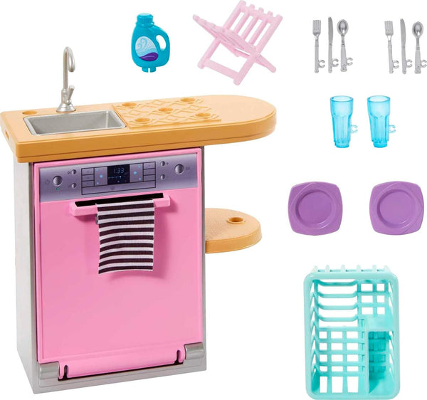 Barbie Furniture & Accessories Set, 10+ Pieces for Kitchen, Includes Dishwasher with Working Door & Sliding Rack
