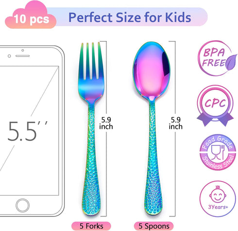 LIANYU 14-Piece Kids Silverware Set, Rainbow Toddler Utensils Flatware Set, Stainless Steel Child Preschooler Cutlery Set, Includes 7 Kids Spoons, 7 Kids Forks, Dishwasher Safe by LIANYU