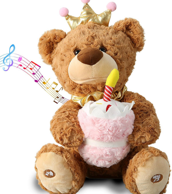 Marsjoy Musical Happy Birthday Teddy Bear with Glowing Cupcake, Animated Plush Toy Singing