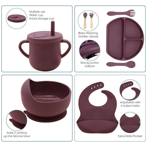 100% Set, Silicone Baby Feeding BPA Free Dishes With Suction Bowl, Divided Plate, Toddler Self Feeding Utensils