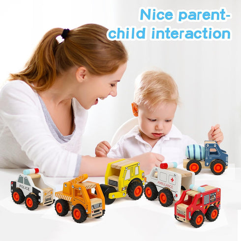 6Pcs Wooden Cars for Toddlers 1-3, Push and Go Vehicle Toys, Hand Push Car Toys for 1+ Year Old, Montessori Toys