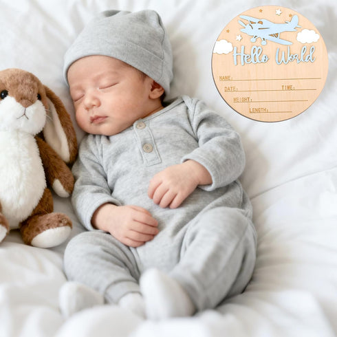 Penitue 5.9in Hello World Newborn Sign with Pen, Round Newborn Welcome Birth Name Sign Airplane and Cloud Decoration