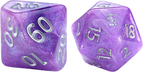 Gate Keeper Games Aether Dice: Amethyst, 7pc Set, Purple & White Glitter Swirl Resin Dice for RPGs