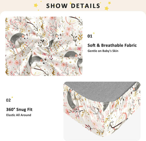 miaozhen 1 Pack 52x28 Cotton Baby Crib Sheets Ultra Soft Cute Cartoon Garden Possum Spring Crib Mattress Sheet