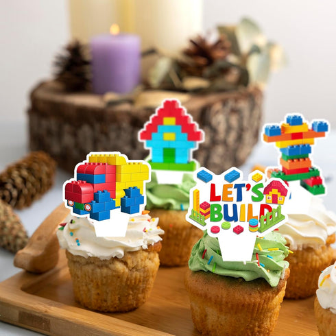 CoquetteBow012 24-Piece Building Block Brick Themed Birthday Party Cupcake Toppers Decorations for Party Supplies
