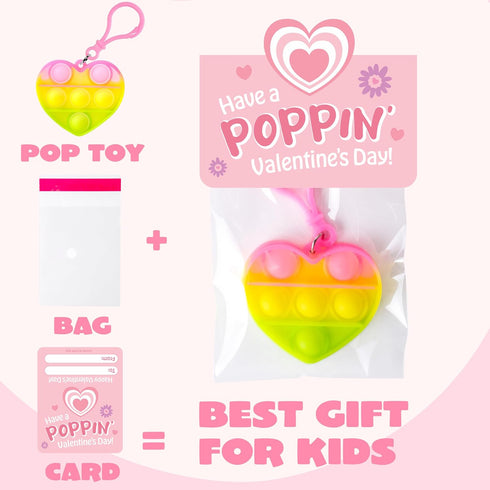 30 Packs JOYIN Valentine's Day Gift Cards with Heart Pop Bubble Keychain, Mini Pop Squeeze Toys, Stress Relief Fidget