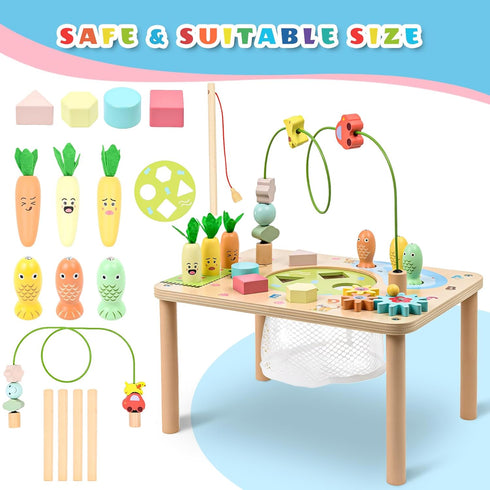 6 1 1st WINGYZ Activity Table, in Wooden Montessori Activity Center with Bead Maze Shape Sorter Fishing Game, Kids