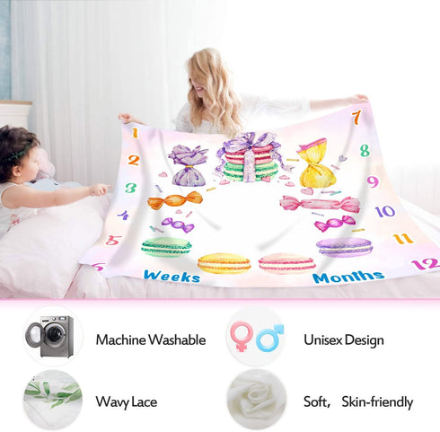 Desserts Baby Monthly Milestone Blanket, 48x40in Macaron Cake Blanket, Candy Sweets for Girl Nursery Baby Shower