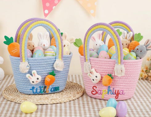 OXYEFEI Personalized Easter Basket for Kids,Custom Cute Easter Rabbit Carrot Cotton Woven Basket with Name,Egg Hunts