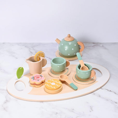 MONT PLEASANT 15pcs Wooden Tea Set for Little Girls, Toddler Play Kitchen Accessories, Play Food Playset for Kids Tea