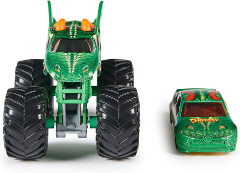 Monster Jam Dragon Monster Truck and Race Car, 1:64 Scale Collectible Toy for Kids