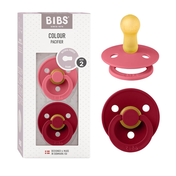 BIBS Pacifiers Colour Collection | Natural Rubber Baby Pacifier | Set of 2 BPA-Free Soothers | Coral/Ruby