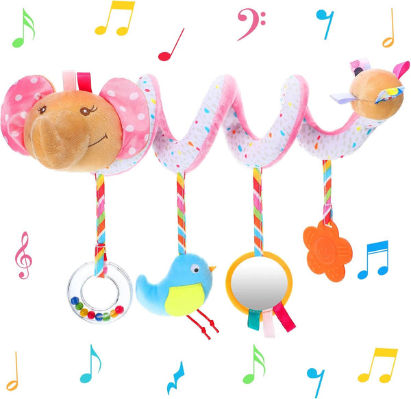 Spiral Car Seat Toy for Babies - Plush Elephant Crib Hanging Toy, Stroller Activity for Girls Over 6 Months (Delicate)