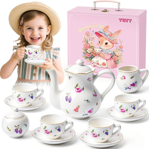TUZT Tea Party Set for Little Girls Ages 3-8, White Floral Porcelain