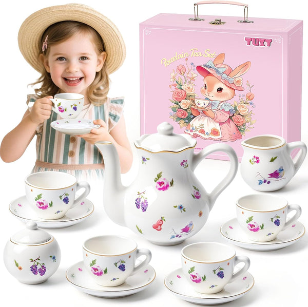 TUZT Tea Party Set for Little Girls Ages 3-8, White Floral Porcelain