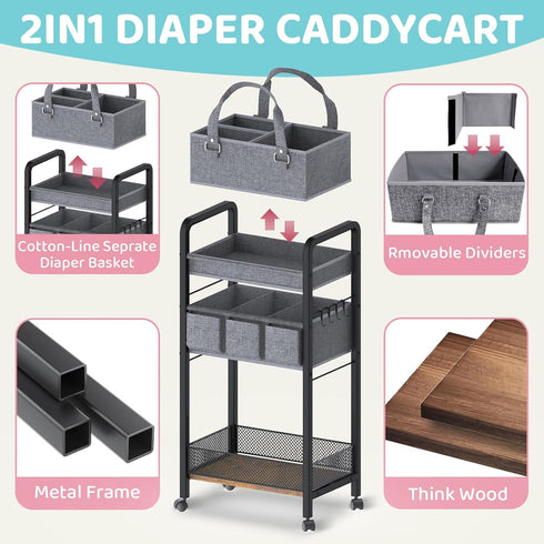JRANBRJS 2IN1 Organizer-3 Baby Diaper Caddy Tier Rolling Storage Cart with Dividers - Bedside Diaper Caddy Cart
