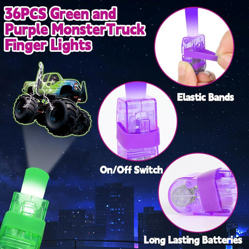 36Pcs Monster Truck LED Finger Lights Truck Toys Party Favors Glow in the Dark Light Up Finger Lights Racing Themed
