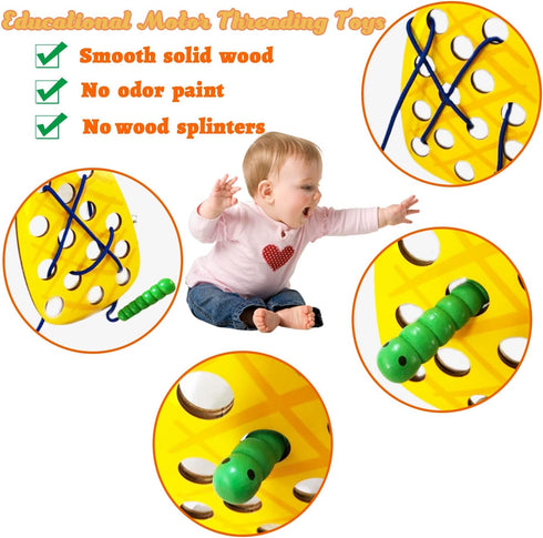 4 Pack Wooden Lacing Toy, Educational Threading Activity Puzzles for Toddlers Kids, Wooden Fruit Threading Set