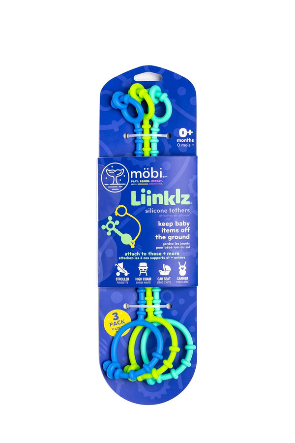 Mobi Liinklz Silicone Tethers - Baby Toy Holder Straps, Stroller & High Chair Toy Safety Straps, Cool Colors (Pack of 3)