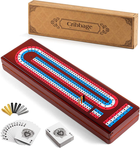 Cribbage Board Game Set with Large Storage Area, Solid Wood 3 Track