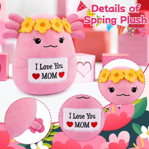 Pink Axolotl Plush Stuffed Animal Salamander with Flower Crown and Heart Embroidered I Love You Mom,Gifts