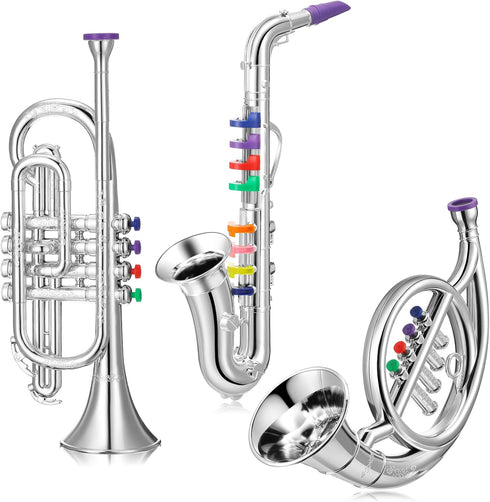 Treela Set of 3 Musical Instruments, Saxophone Trumpet and Horn for Beginners, Colorful Keys Coded for Boys Girls