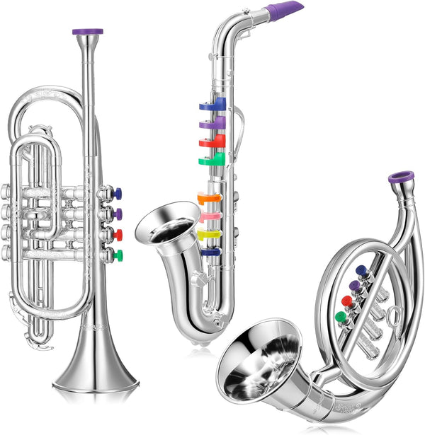 Treela Set of 3 Musical Instruments, Saxophone Trumpet and Horn for Beginners, Colorful Keys Coded for Boys Girls
