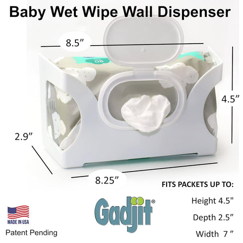 Gadjit Baby Wet Wipe Wall Mounted Dispenser, Holds Up to 84 Count Pack of Wipes, White
