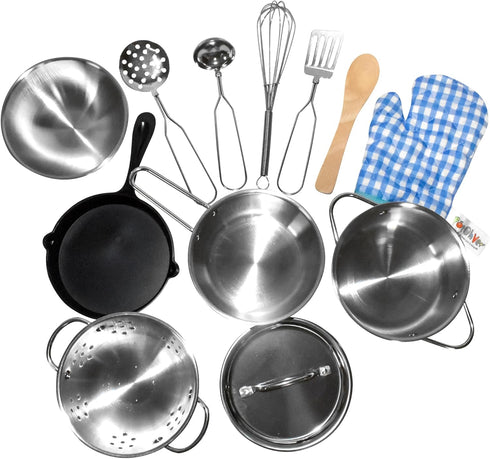 POPOHVER Set 12 Set 3+ Deluxe Pots & Pans - Piece Stainless Steel Play Kitchen - Realistic Looking Cookware